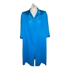 Vtg Vanity Fair Robe Bright Blue Housecoat Nylon Embroidered Floral Medium