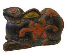 Antique Burmese Hand Carved Polychrome Rabbit Sculpture