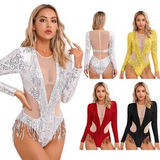 Womens Sequins Party Bodysuit Long Sleeve Fringe Leotard Halloween Dance Costume
