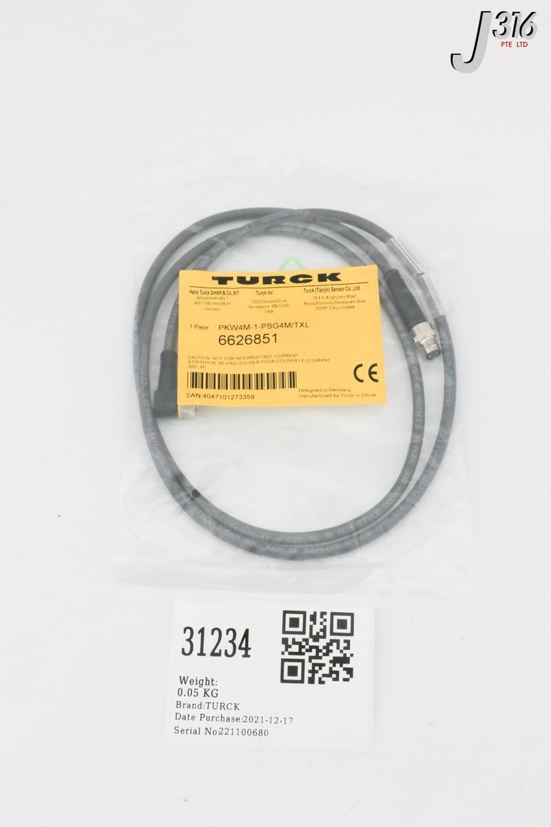 31234 TURCK ACTUATOR/SENSOR CABLE, 6626851, 1M (NEW) PKW4M-1-PSG4M