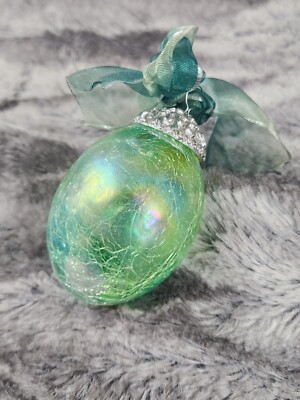 Easter Egg Ornament Green Glass Crackled Iridescent Egg Spring Ribbon Decoration