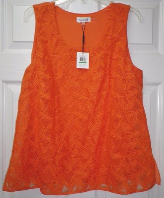 NWT Calvin Klein Women's Pullover Sheer Lined Embroidered Tank Shirt Orange L