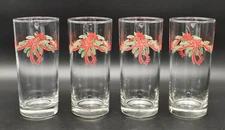 Set -4 Vintage Anchor Hocking Poinsettia & Ribbons 14 oz Iced Tea Glasses 6-1/4"