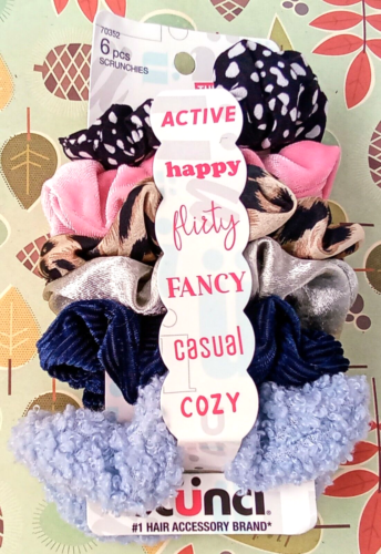 Scunci Original Scrunchies Assorted Pink Gold Blue Polka Dot Silver 6 Pk NEW