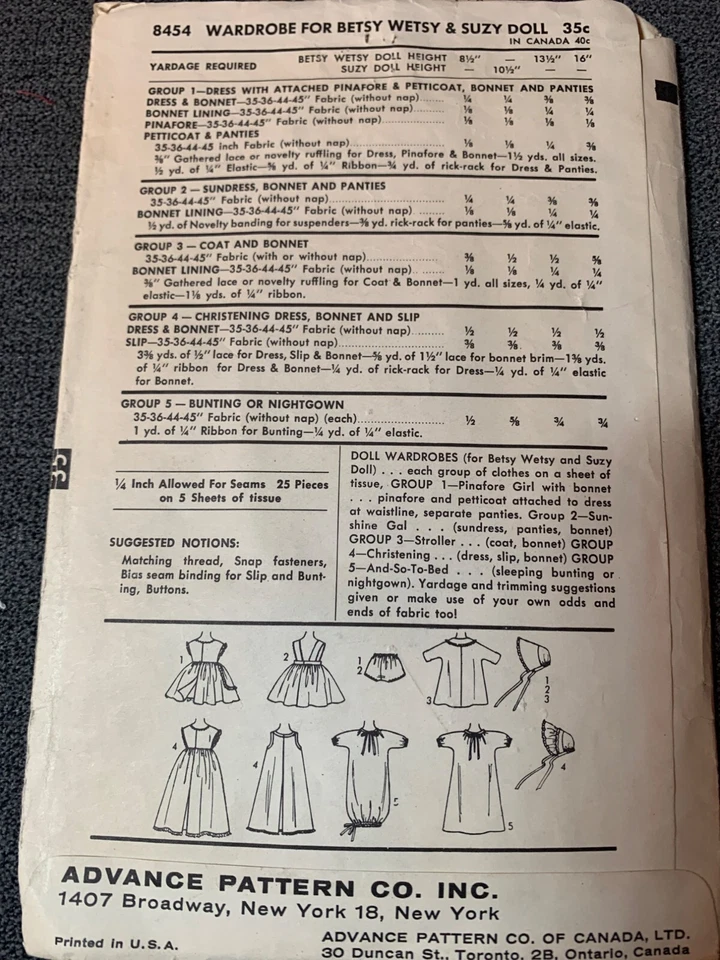 Advance 8454 Wardrobe Sewing Pattern For Betsy Wetsy & Suzy Doll 13.5" 1950s - Image 2 of 2