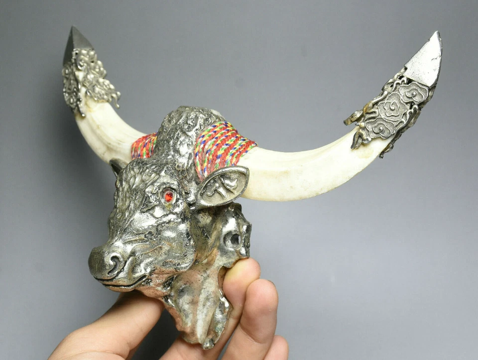 Статуэтка 19 см старая тибетская мяо серебряная кость драгоценный камень зодиак год животное крупный рогатый скот бык голова - Изображение 3 из 4