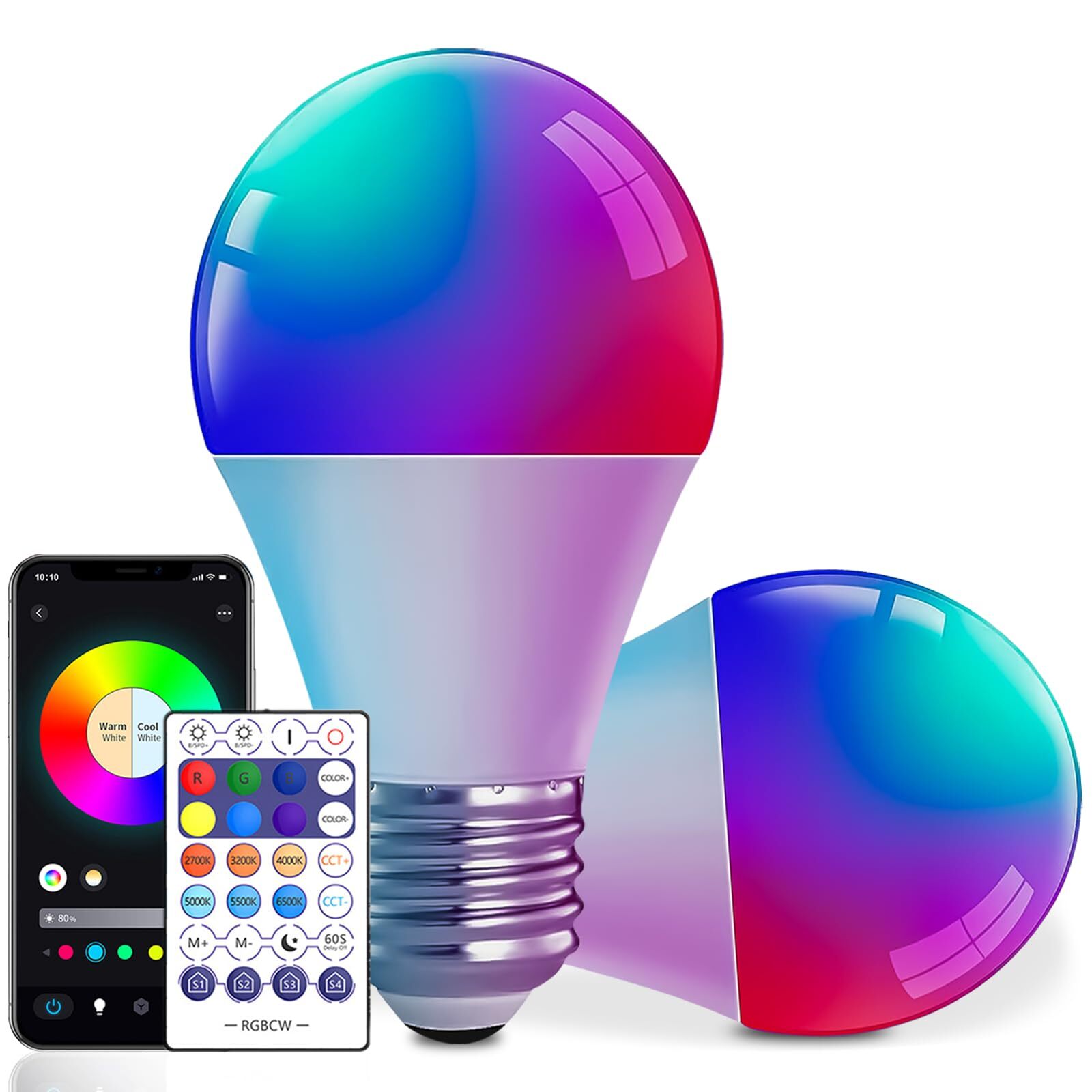 Smart Light Bulbs with Remote, 16M Colors RGBW Dimmable WiFi Bluetooth Smart ...