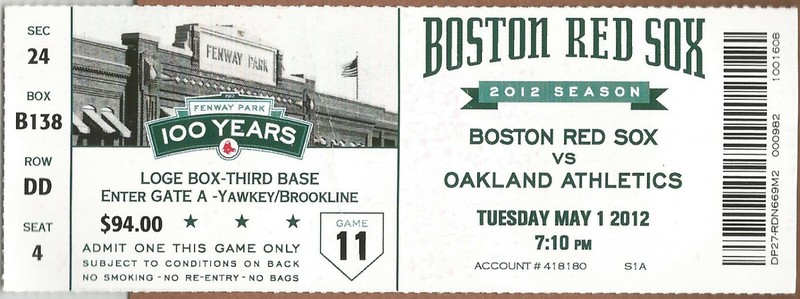 Jarrod Parker Win #1 5/1/2012 A's at Red Sox Full Ticket  Yoenis Cespedes 100 PA