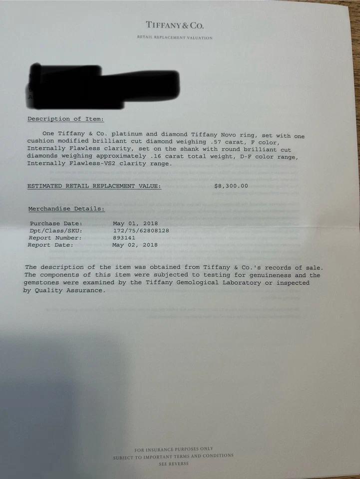 0.57Ct Excellent, Int Flawless, Colorless Tiffany Engagement Ring valued $8300 - Image 2 of 4