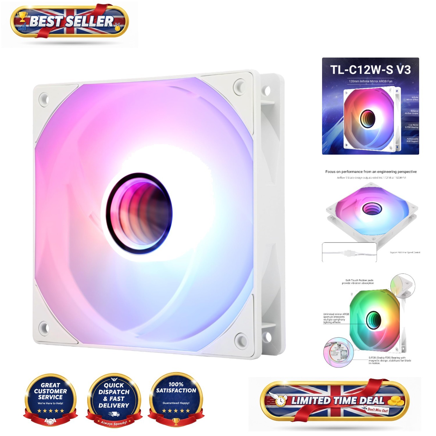 Whisper-Quiet 120mm ARGB CPU Cooler - 4-pin PWM, Stunning Mirror Light Effect