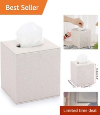 Elegant Square Linen Tissue Box Cover with Magnetic Closure - Beige 5.2 Inch