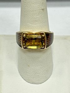 Authentic Vintage Yellow Gold Plated Sterling Silver Lemon Quartz Ring Enamel Details SZ 9