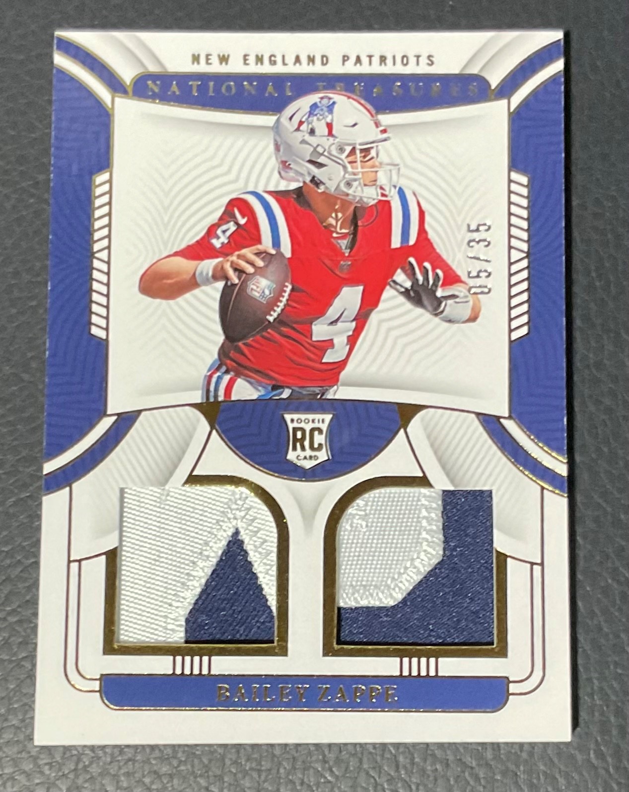 Bailey Zappe Panini National Treasures Rookie Dual Materials #BZA Jersey Number Red