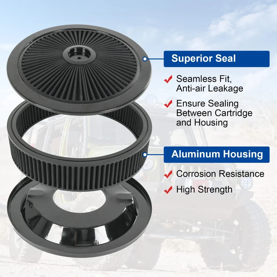 14" X 3" Black Round High Flow Thru Washable Air Cleaner Drop Base For SBC BBC Foto 3 de 4