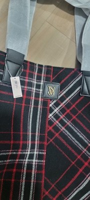 Victoria's Secret Black Red Plaid Tote Bag with White Handles & Gold Hardware