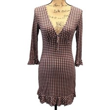 Urban Outfitters Gingham Mini Dress Brown Ruffle V Neck Coquette sz S