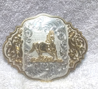 Montana Silversmiths Gold Dancing Horse Buckle Custom Silver Engraved Great !!!
