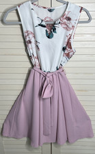 Shein Women's Pink Floral Dress Size M/6 Flared Belted Waist Notched V-Neck