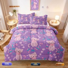 SIRDO 5 Piece Girls Cat Comforter Set Twin Size Bed in A Bag Pink Purple
