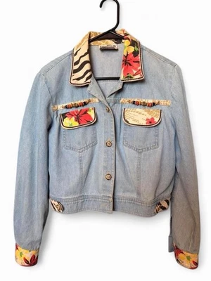 Vintage Nancy Bolen Womens 6 Light Wash Patchwork Beaded Denim Jacket City Girl - Image 1 of 4