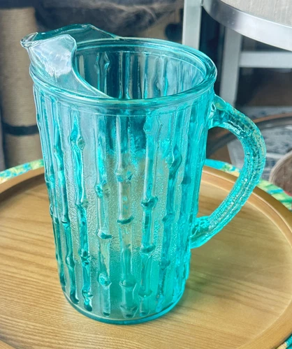 VTG ANCHOR HOCKING AQUAMARINE TAHITI BAMBOO GLASS 64OZ Gorgeous PITCHER