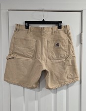 Vintage 90s Carhartt Mens Canvas Work Shorts W35 Khaki Leather Patch