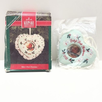 Hallmark 1992 Baby s First Christmas Photo Holder Ornament   Keepsake Heart
