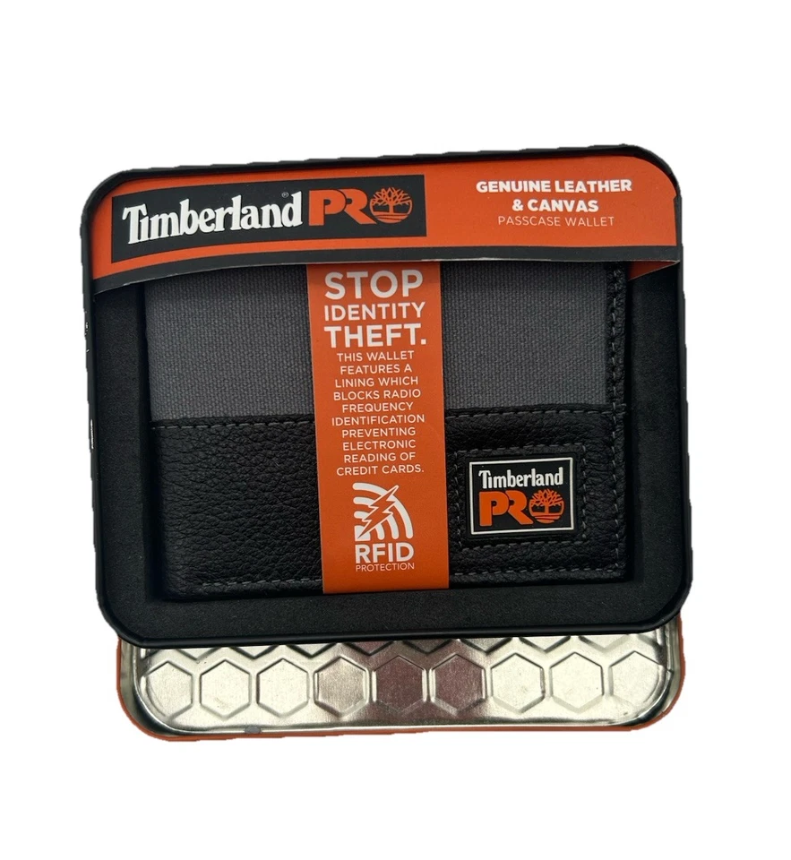 Timberland RFID Wallet Black Passcase Pro Leather With ID Slot in Tin Gift Box - Image 2 of 4