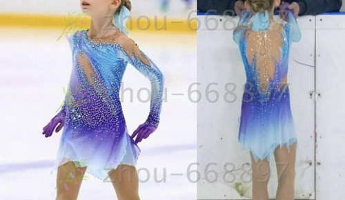 Figurine robe de patinage robe de patinage sur glace compétition patinage bleu violet teinture - Photo 1 sur 6