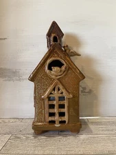 Vintage Clay Pottery House Tea Light Candle Holder with Birds 