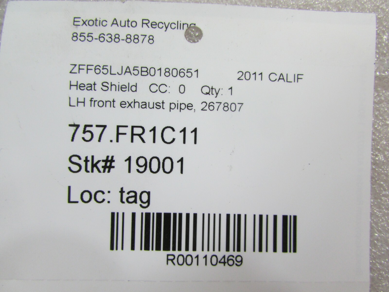 Ferrari California, LH, Left Front Exhaust Pipe Heat Shield, Used, P/N 267807