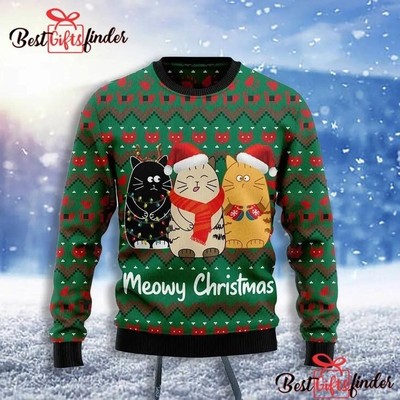 BG Cat Meowy Christmas Ugly Christmas Sweater, Cat Christmas Sweatshirt