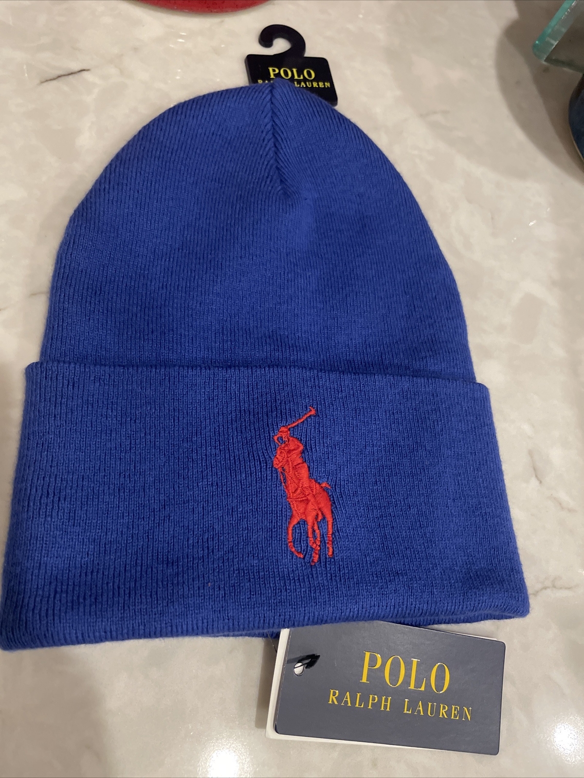 Polo Ralph Lauren berretto da sci da uomo blu con rosso grande pony 100% cotone polsini