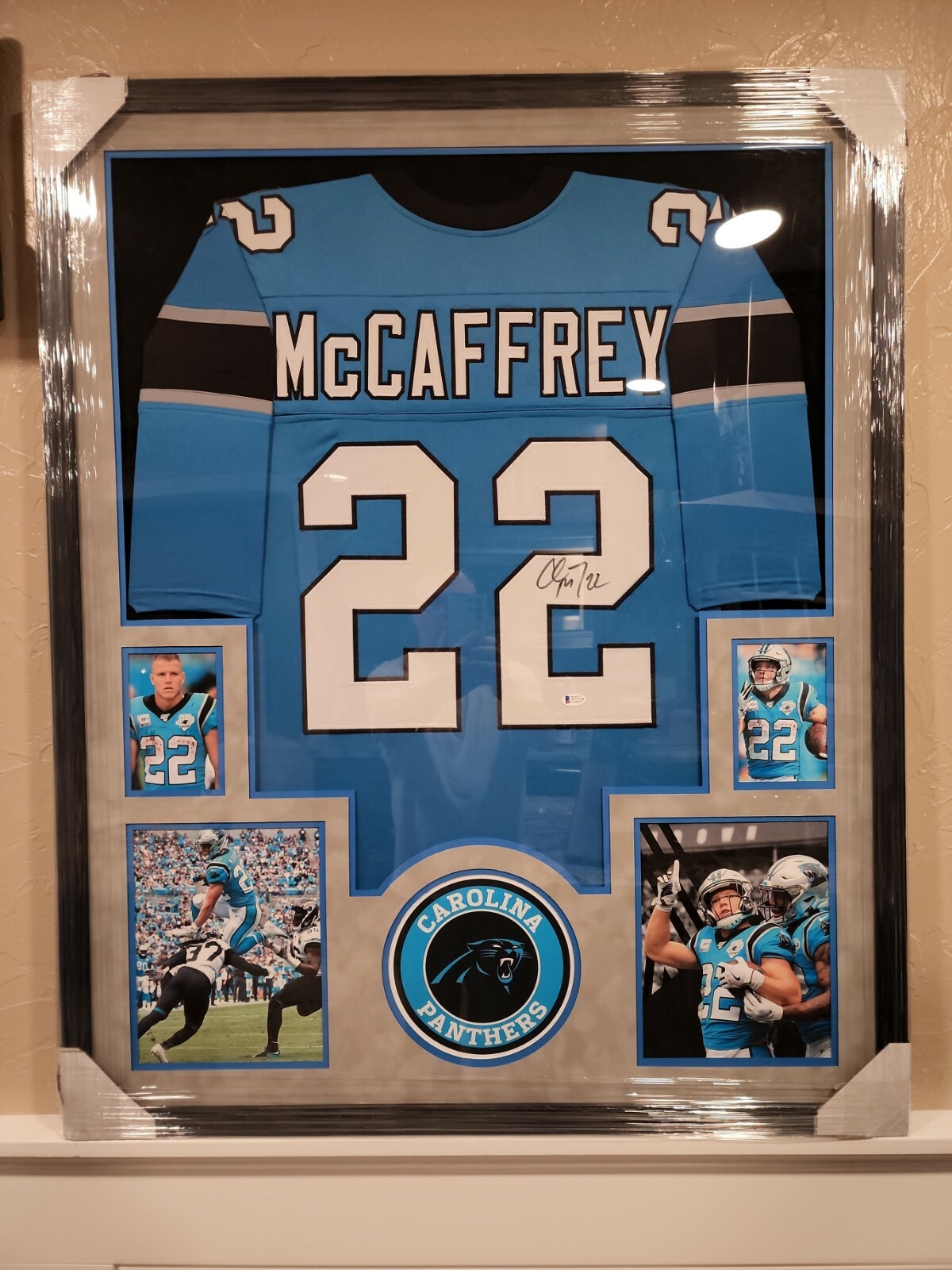 Christian Mccaffrey Autographed Signed Carolina Panthers Panthers Jersey Framed in Suede Beckett Coa 