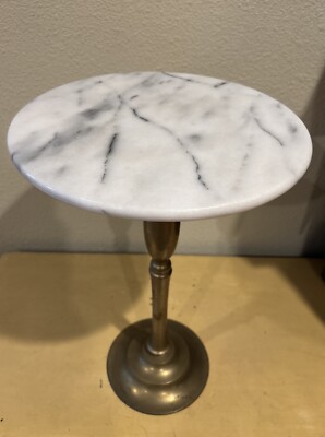 Vintage White & Gray Marble And Brass Plant Stand Accent Table 12 x17.5 