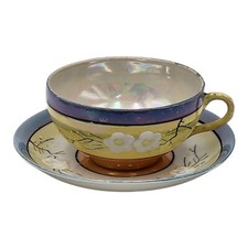 Vintage Made in Japan Lusterware Cup  Saucer Set Blue Peach Cherry Blossom
