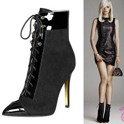 VERSACE H&M Schwarz Wildleder Lackleder Stiefel Absatz EUR 38 / US 7