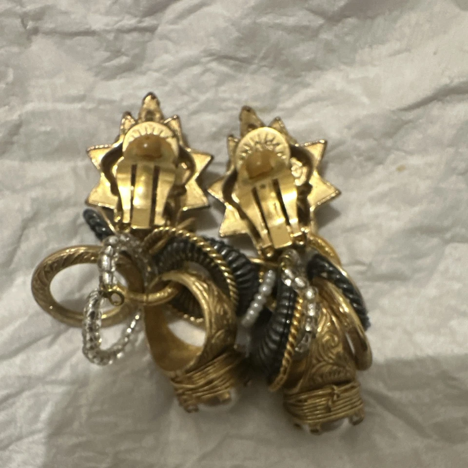 Boucles d’oreilles pendantes à clips alliage doré perles strass - Photo 3/3
