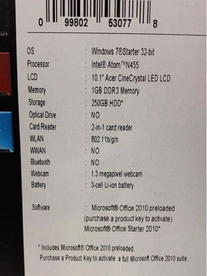 New Aspire one D255E-13639 Laptop Black Factory Sealed NIB 10.1” LED LCD 250gb - Image 3 of 4