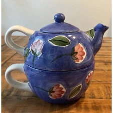 Teapot With Mug Set Impressions Stackable Fruit Design Hand painted Cup set