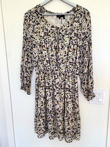 Theory Urban Floral Silk A-Line Dress Round Neck Long Sleeve Knee Length L