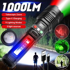 Super Bright 1000 Lumen 3-COLOR LED Flashlight Rechargeable Tactical Work Light