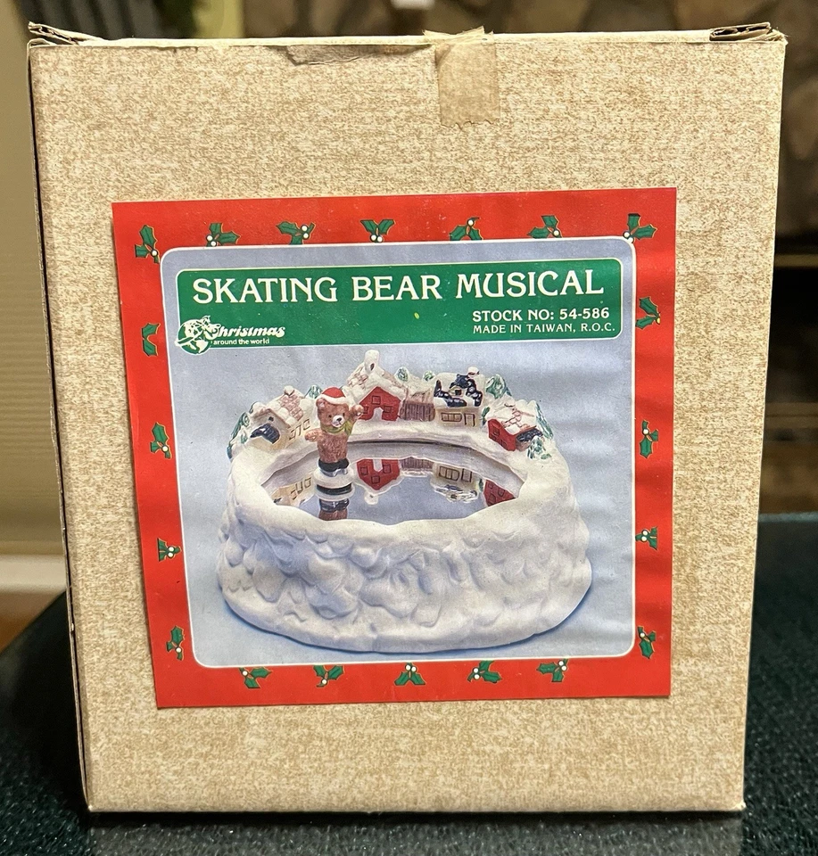 Oso de patinaje musical vintage de Navidad alrededor del mundo con caja original caja de música Foto 2 de 4