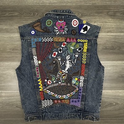Vintage Denim Vest Mens Large Blue Beaded Embroidered Beaded Skeleton Tattoo 90s