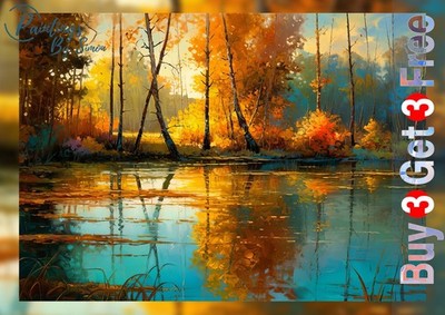 Herbst Wald See 5''x7'' Druck auf mattem Papier | Herbst Landschaft Malerei Kunst
