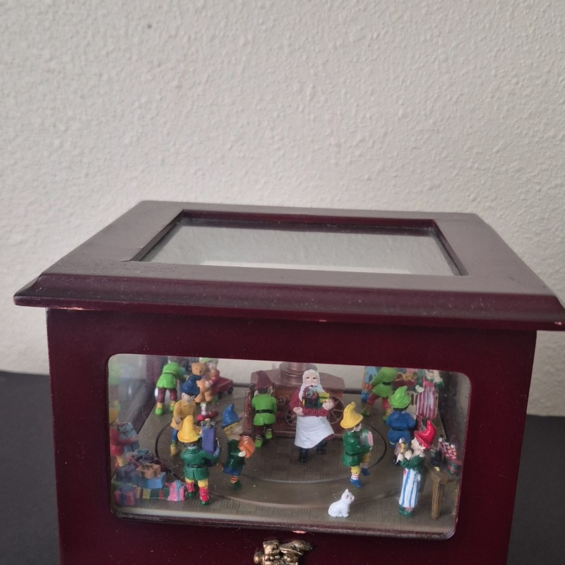 Wooden Christmas Elf Scene Music Box Holiday Decorative Glass Display Case