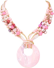 Shell Pendant Statement Strand Necklace for Women Boho Multi Beads Natural Stone