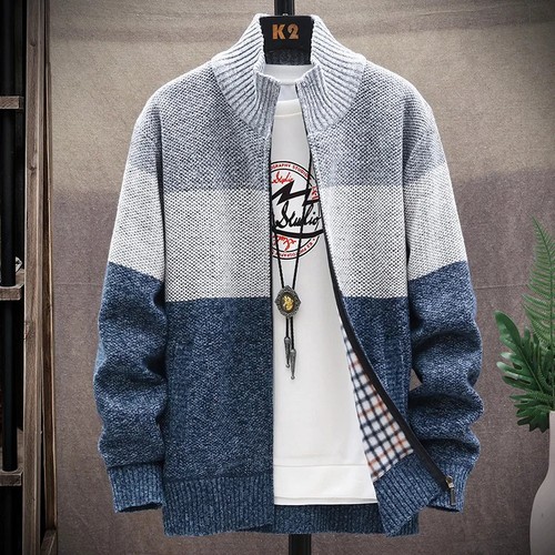Autumn Winter Cardigan Sweater Men Fleece Zipper Sweaters Velvet Contrast - Picture 25 of 31
