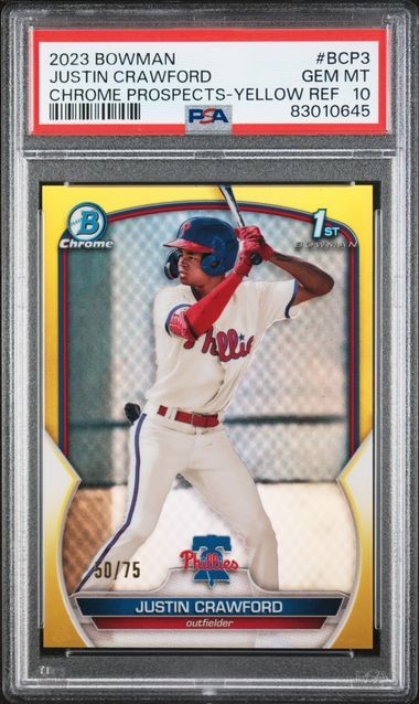 Justin Crawford 2023 Bowman Chrome 1st /75 Yellow Refractor PSA 10 GEM MINT BCP3