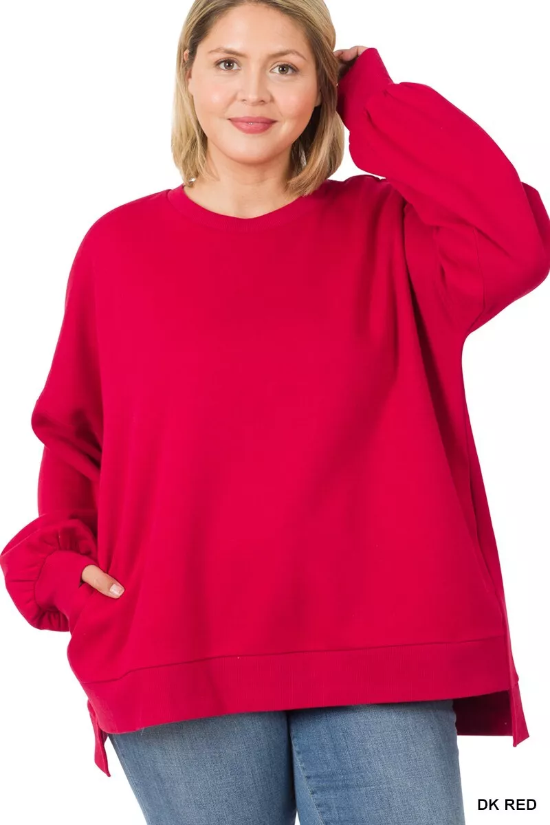 Zenana Womens Sweatshirt Plus 1X 2X 3X Round Neck Oversize Pullover Pockets  Red